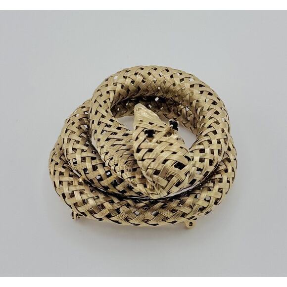 Vintage Coiled Woven Mesh Snake Brooch Pin Rhinestone Eyes - Picture 6 of 10